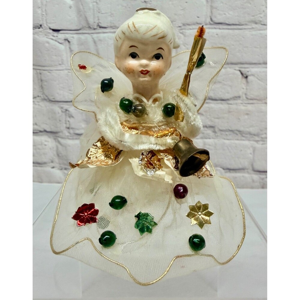 Holt Howard Christmas Angel Porcelain Head Tulle Bell Candle Chenille Mercury 4”